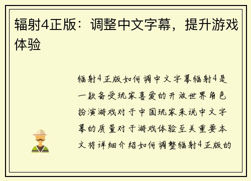 辐射4正版：调整中文字幕，提升游戏体验